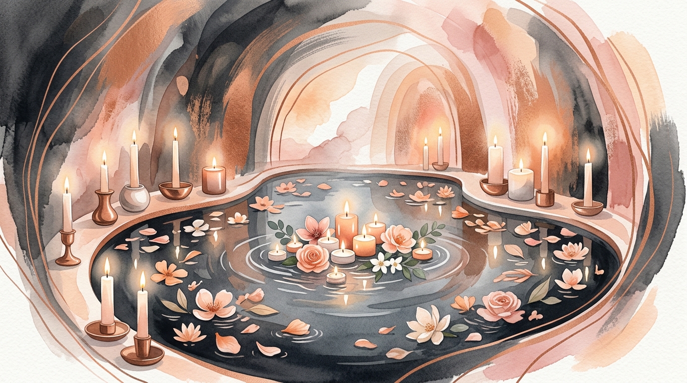 Espaço sagrado abstrato com velas e pétalas de flores refletidas em águas calmas