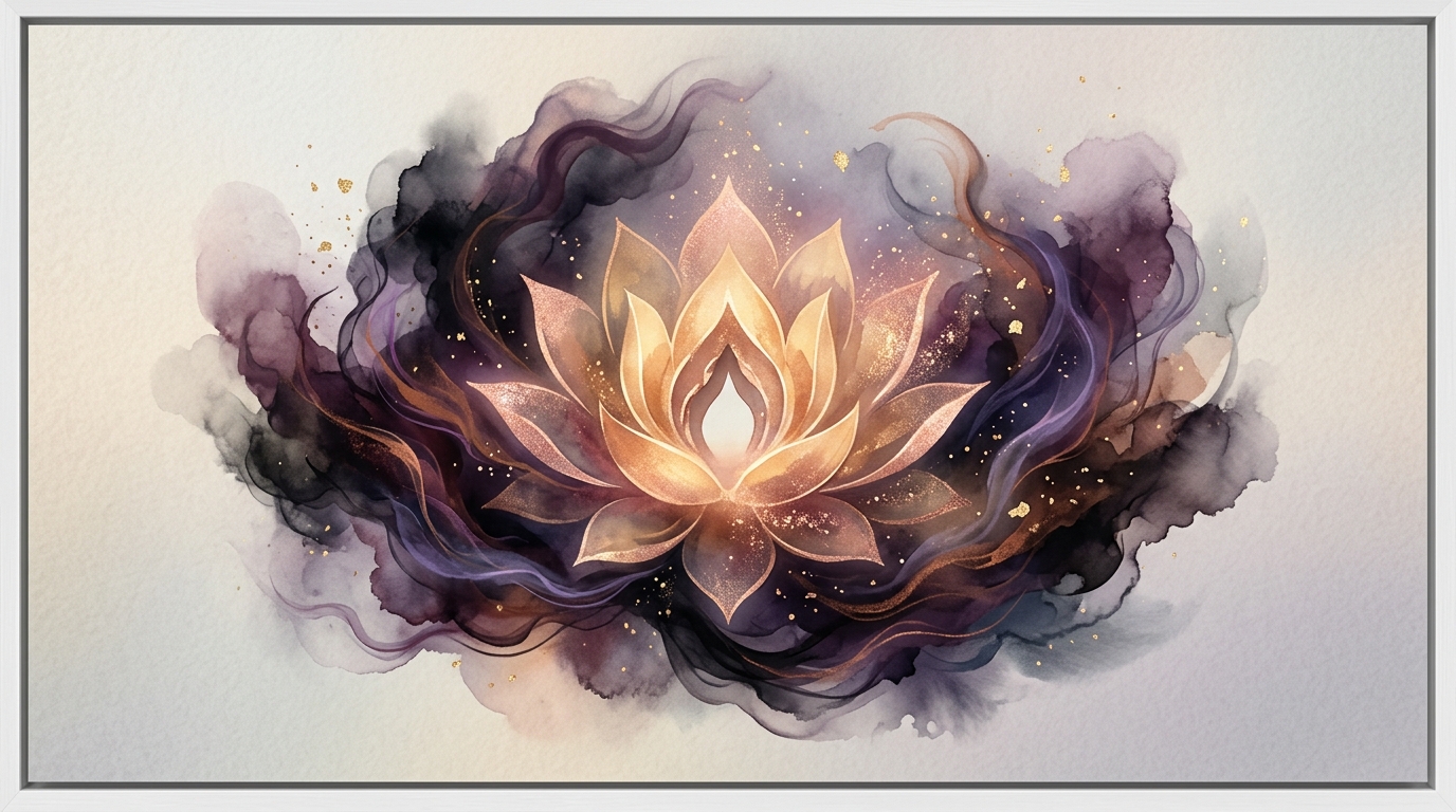 Ilustração abstrata de uma flor de lótus dourada desabrochando com luz sutil